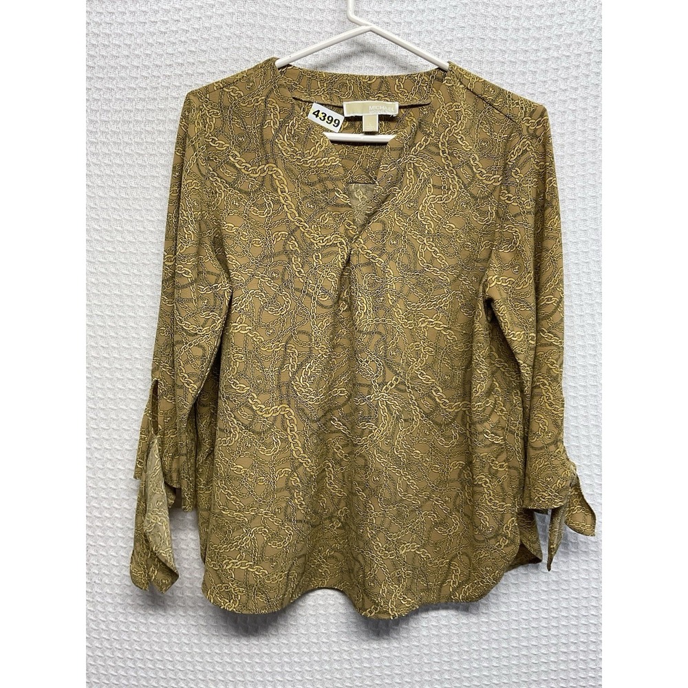 MICHAEL Michael Kors Women's Beige Gold Chain‎ Print V- Neck Blouse Top Sz L